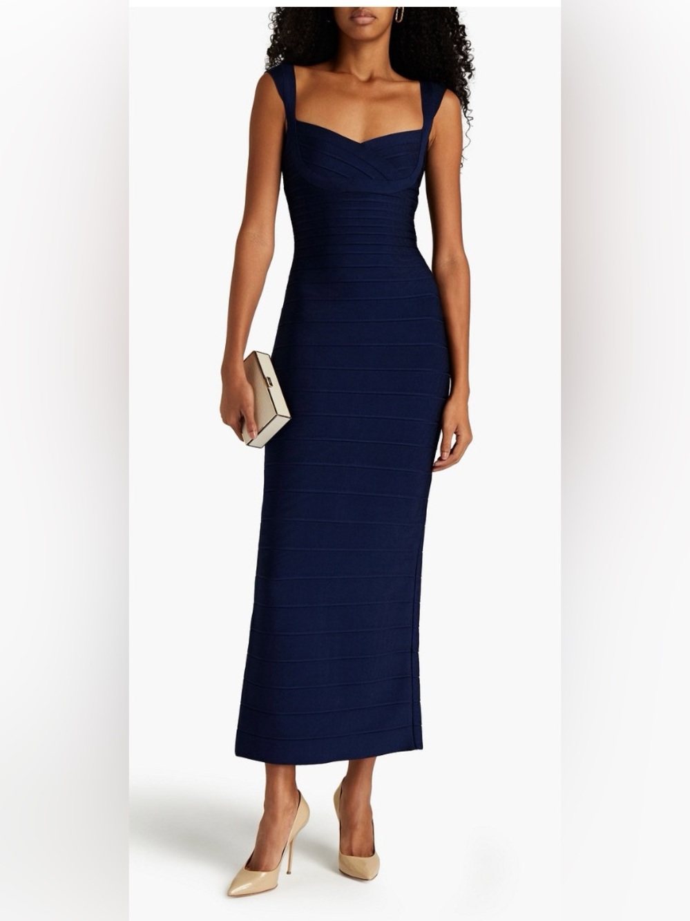 HERVE LEGER Sweetheart-Neckline Banded Sheath Gown Classic Blue (Navy )NWT